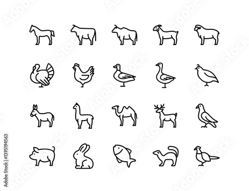 Livestock Vector Icon Set | Adjustable Line Weight | Animals, farm, poultry, cattle, sheep, goat, horse, pig, rabbit, duck, wildlife, agriculture, rural life icons