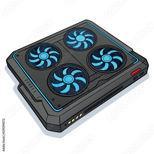 Create a bold, vector illustration of a laptop cooling pad, showcasing its cooling vents and design features with strong, impactful lines.