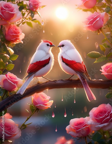 Red birds, couple, with beautiful background