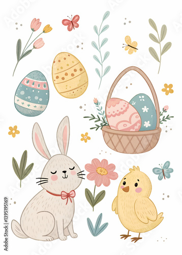 Whimsical Easter celebration with hand drawn bunny, chick, and decorated eggs in a soft artistic style  transparent, easter, bunny, chick, decorated, eggs, wicker, basket, pastel, colors, whimsical, a