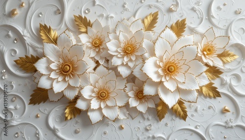 3d Wallpaper Elegant White and Gold Flower Arrangement on Textured Background Design