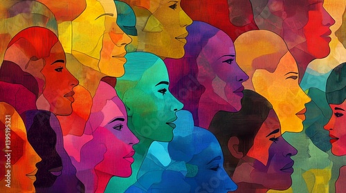 Vibrant and colorful illustration of diverse people from various ethnicities,DEI theme strategy.