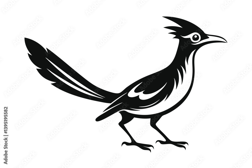 Obraz premium Roadrunner Bird Silhouette Standing Profile View, Detailed Crest Feathers, Bold Black and White