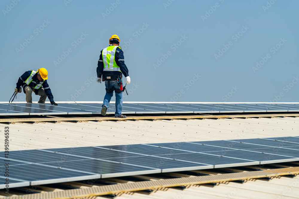 custom made wallpaper toronto digitalTwo engineers install solar panels on a rooftop, wearing safety gear and helmets. The scene showcases renewable energy, green technology, and sustainable solutions under a clear blue sky.