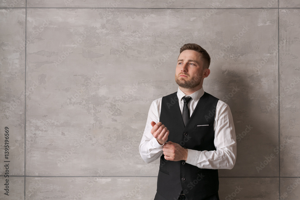 man in business clothes stands against wall, buttoning his vest, with concentrated expression on his face. neutral background and soft lighting emphasize atmosphere professionalism and preparation. man in business clothes stands against wall, buttoning his vest, with concentrated expression on his face. neutral background and soft lighting emphasize atmosphere professionalism and preparation.