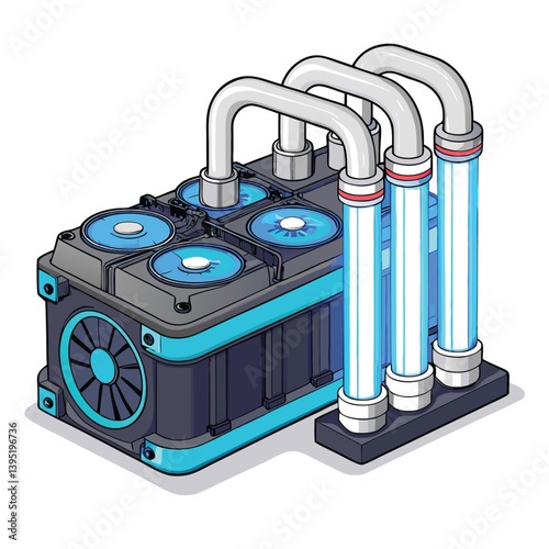 Design a bold, vector illustration of a liquid cooling system, emphasizing its intricate flow and components with strong lines and vibrant color.