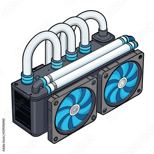 Design a bold, vector illustration of a liquid cooling system's internal components, showcasing fluid flow and heat dissipation.