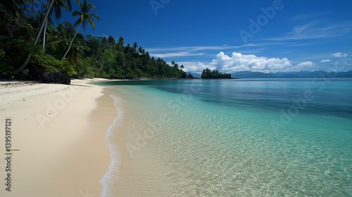 A breathtaking tropical beach with crystal-clear turquoise waters gently meeting the soft, pristine white sand.