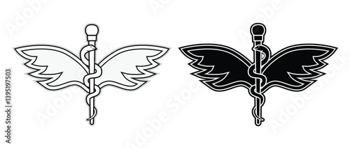 Rod or staff of Aesculapius Greek god mythology with two wings and snakes winding symbol of medicine drawing in black and white vector