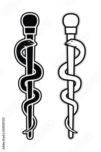 Rod or staff of Aesculapius Greek god mythology with snakes winding symbol of medicine drawing in black and white vector
