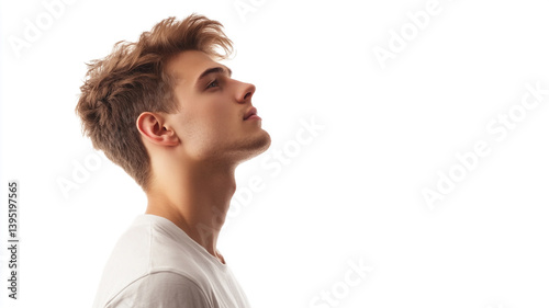 A young man in casual, The side view, isolated on a white background