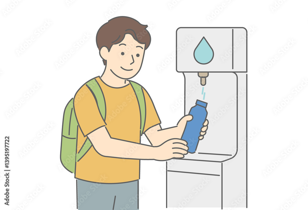 Man Refilling a Reusable Water Bottle at a Water Dispenser Man Refilling a Reusable Water Bottle at a Water Dispenser