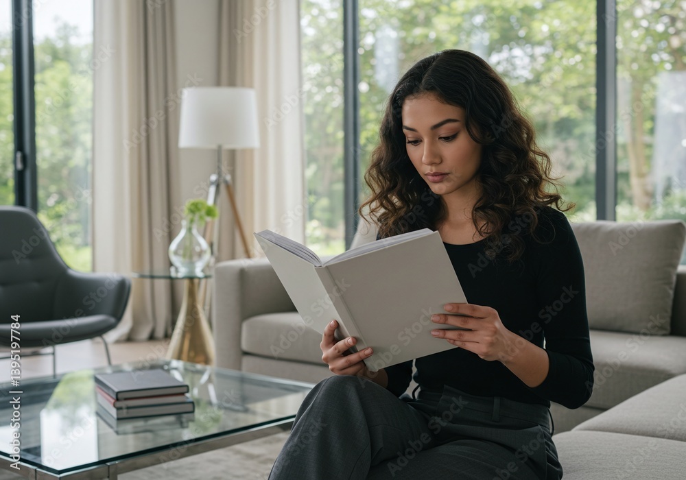 A woman engrossed in reading a book at home, enjoying moment of relaxation and contemplation A woman engrossed in reading a book at home, enjoying moment of relaxation and contemplation