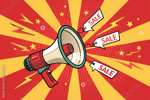 Create a bold, vector illustration of a loudspeaker with dynamic, powerful sound waves emanating from it.