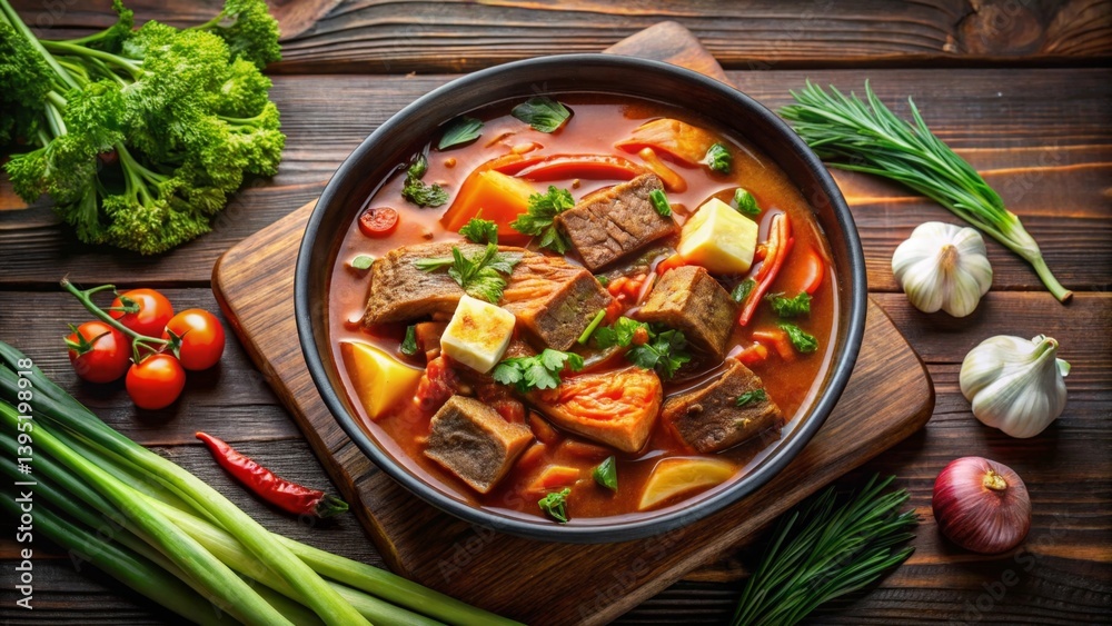 Hearty Beef Stew with Vegetables in a Rustic Bowl, Garnished with Fresh Herbs, Served on a Wooden Table Hearty Beef Stew with Vegetables in a Rustic Bowl, Garnished with Fresh Herbs, Served on a Wooden Table