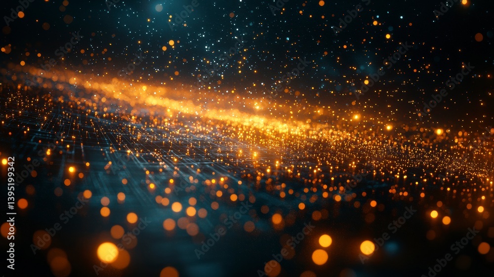 Naklejka premium Abstract Cosmic Background with Glowing Orange and Blue Particles