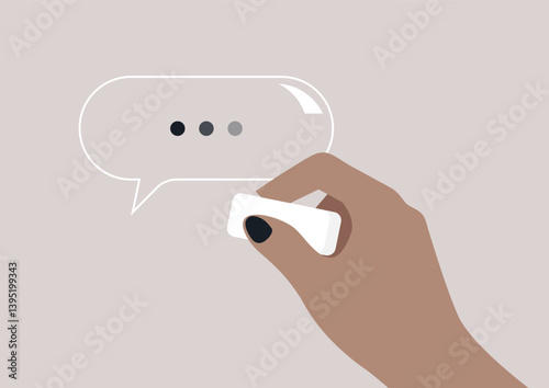 A hand with an eraser touches a vibrant speech bubble of colored dots—symbolizing censorship or content editing, a message subtly altered or entirely erased
