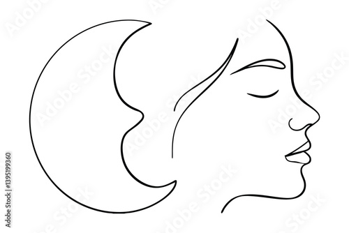 Minimalist Line Art Of Womans Face And Moon,Sleepy Feminine Dream