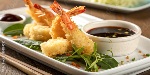 Japanese tempura, crispy battered shrimp, golden fried seafood, rectangular white plate, black dipping sauce, garnish, restaurant presentation, Asian cuisine, chopsticks, soft lighting, shallow depth 