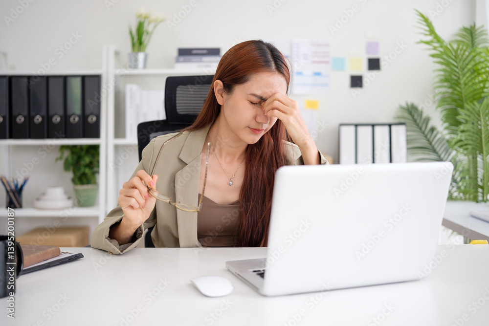 Asian woman in office attire rubbing her eyes in frustration or exhaustion while working on a laptop. Asian woman in office attire rubbing her eyes in frustration or exhaustion while working on a laptop.