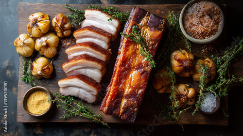 Sliced pork belly with crispy skin and whole piece of unsliced pork belly on wooden board with roasted garlic bulbs, fresh thyme sprigs, and small bowls of coarse salt and yellow spice