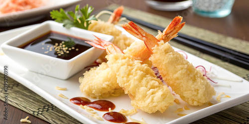Japanese tempura, crispy battered shrimp, golden fried seafood, rectangular white plate, black dipping sauce, garnish, restaurant presentation, Asian cuisine, chopsticks, soft lighting, shallow depth 