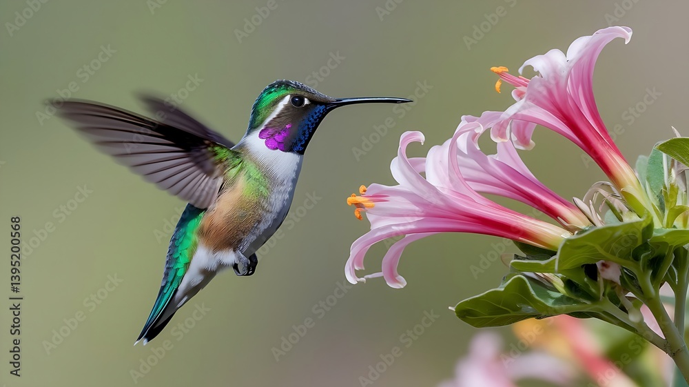 Fototapeta premium Ruby-Throated Hummingbird Hovering Near Flower – Colorful Bird in Motion Perfect for Nature Photography, Garden Wildlife, and Floral Pollination Scene Designs.