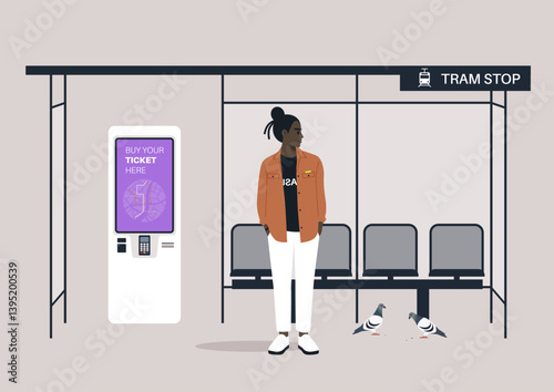 A young person stands at a tram stop, casually dressed, surrounded by empty seats and pigeons, as the urban hustle unfolds in the background
