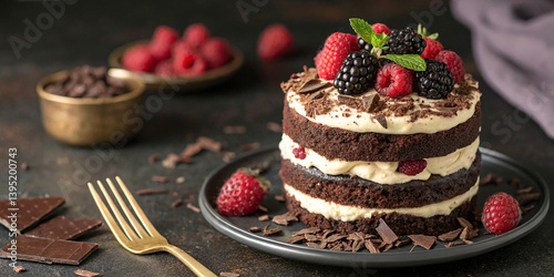 Chocolate cake, layered dessert, fresh raspberries, rustic wooden table, dark background, golden fork, antique styling, food photography, shallow depth of field, moody lighting, gourmet pastry, cocoa 