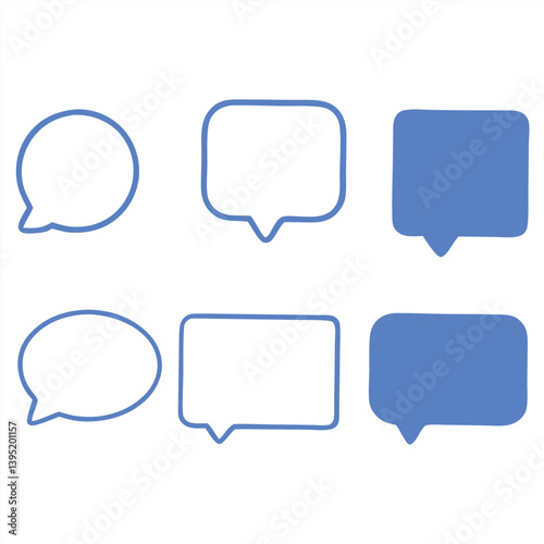 Speech Bubble Icon Set: Blue Outline and Filled Versions in Various Shapes