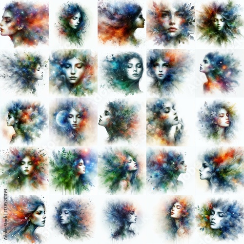 Obraz na płótnie Soul of nature. Yong girl and flora. Watercolor drawing. AI generated illustration w salonie