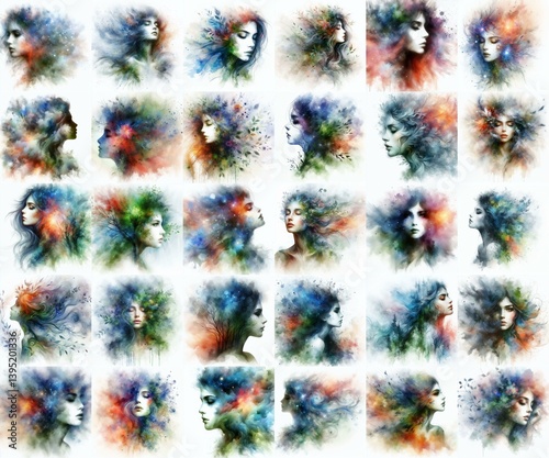 Obraz na płótnie Soul of nature. Yong girl and flora. Watercolor drawing. AI generated illustration w salonie