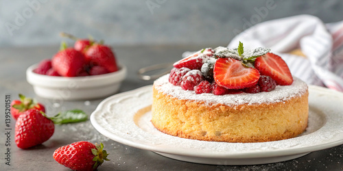 Soft sponge cake, fresh strawberries, whipped cream topping, rustic ceramic plate, white linen cloth, blurred background, soft lighting, food photography, mouthwatering dessert, simple elegance,