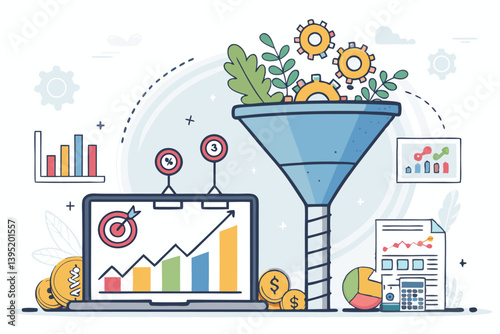 Create a bold, vector illustration of a marketing funnel showcasing each stage.  Emphasize strong visual hierarchy and impactful color choices.