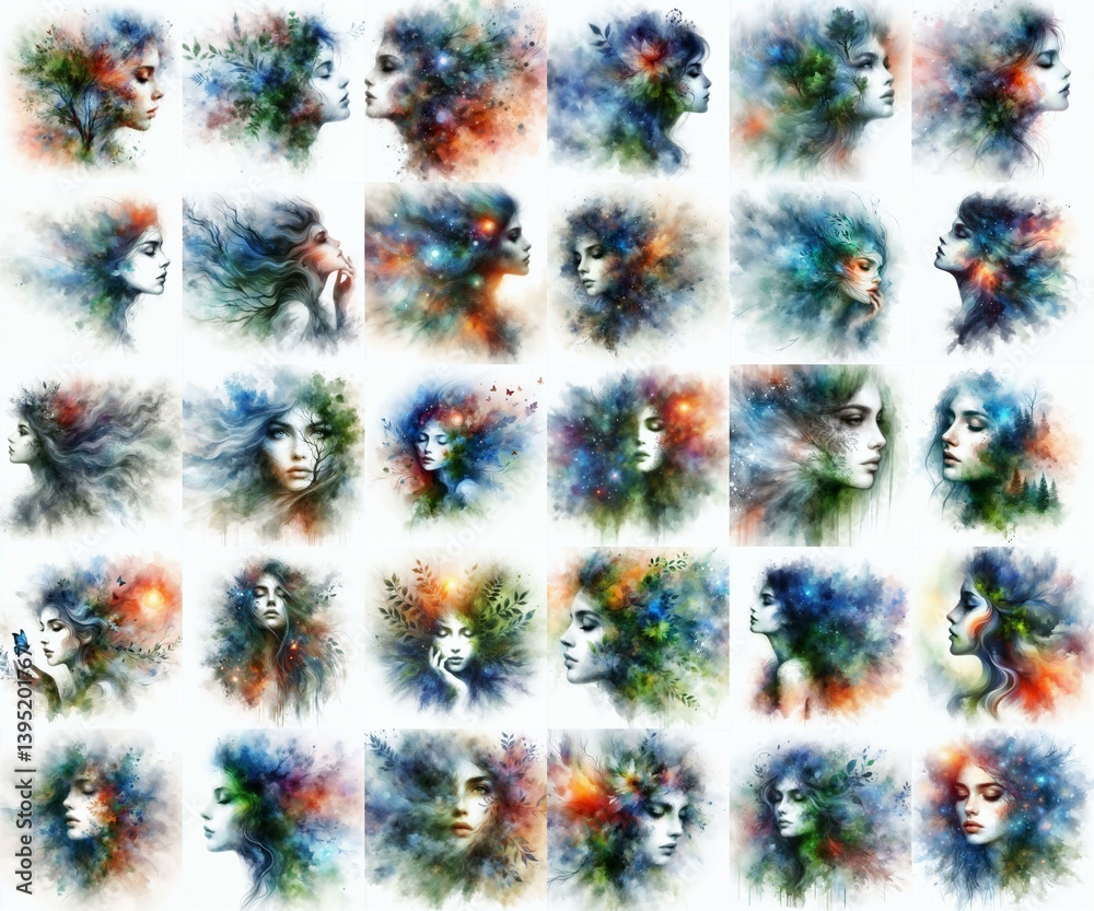 Soul of nature. Yong girl and flora. Watercolor drawing. AI generated illustration