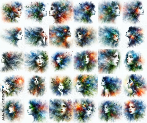 Obraz na płótnie Soul of nature. Yong girl and flora. Watercolor drawing. AI generated illustration w salonie