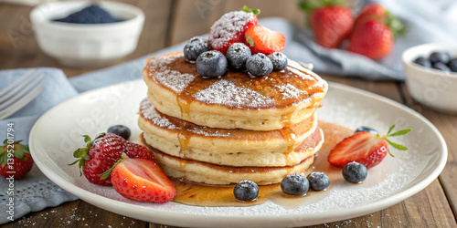 Fluffy pancakes, stack of pancakes, berries on top, strawberries, blueberries, powdered sugar, syrup drizzle, rustic wooden table, soft lighting, food photography, shallow depth of field, warm tones, 