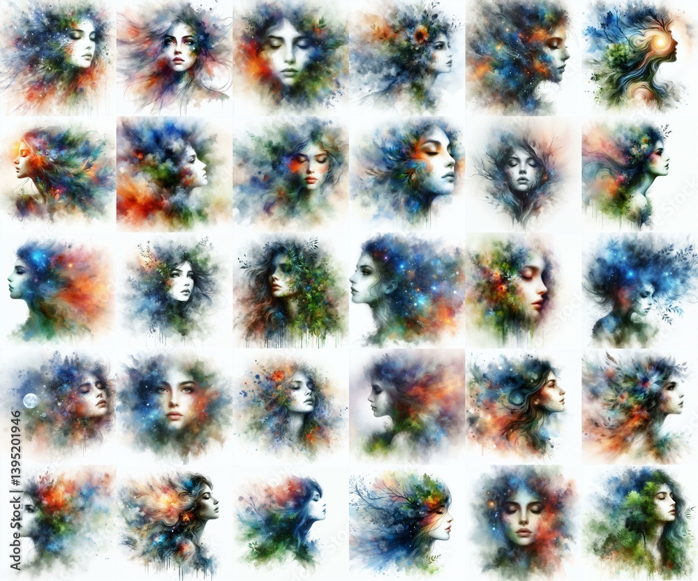 Soul of nature. Yong girl and flora. Watercolor drawing. AI generated illustration