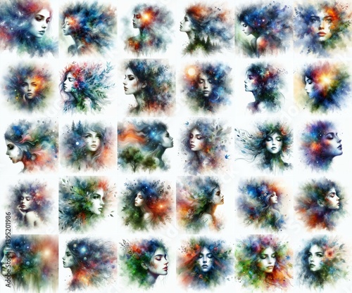 Obraz na płótnie Soul of nature. Yong girl and flora. Watercolor drawing. AI generated illustration w salonie