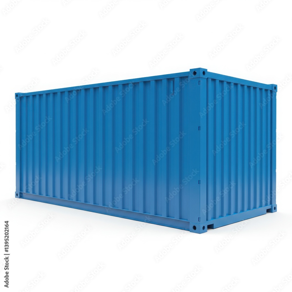 Photorealistic 3D render of a bright blue industrial shipping container with corrugated metal sides isolated on white background Photorealistic 3D render of a bright blue industrial shipping container with corrugated metal sides isolated on white background