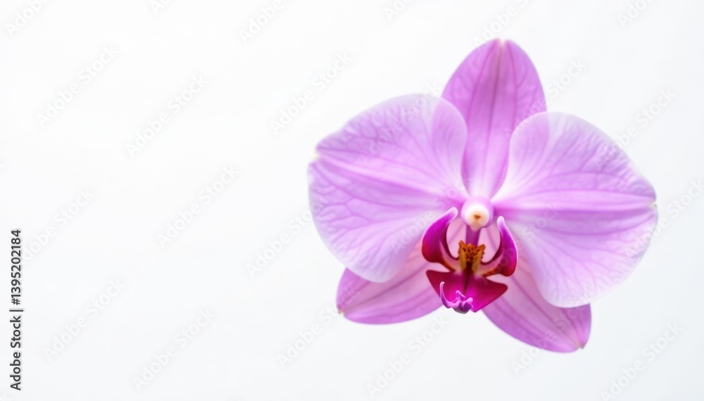 Obraz premium Single purple orchid, pristine white background, sharp focus, white, purple orchid, closeup