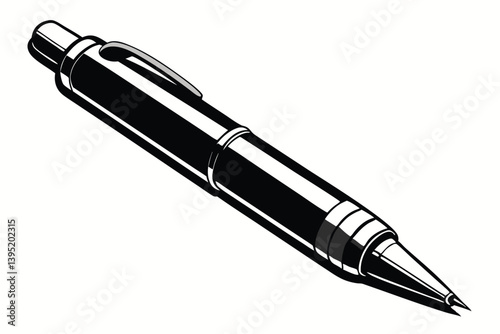 Isolated Black & White Pen Illustration, Writing Instrument, Realistic Office Tool