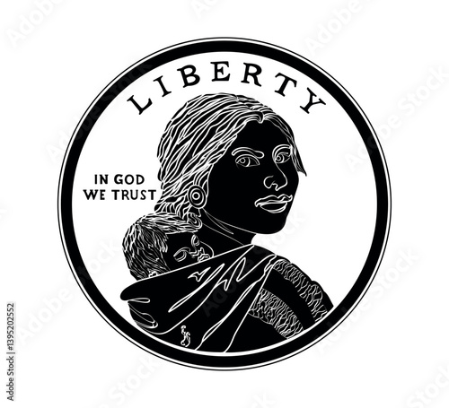 Sacagawea dollar, golden dollar coin, Sacagawea and her child on obverse american money. The coin is depicted in black and white. Vector illustration.