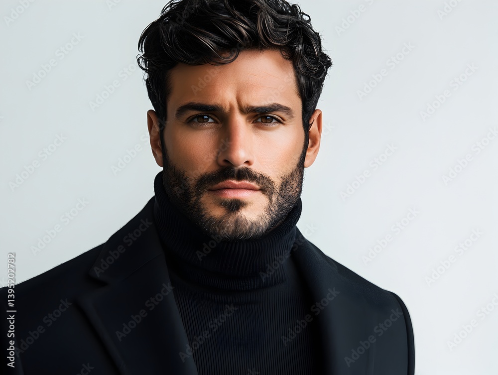Fototapeta premium A handsome man with dark hair and a beard poses in a black turtleneck and coat against a light gray background.
