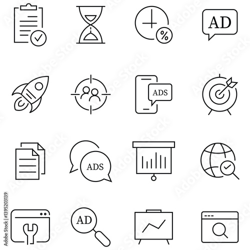 Digital Marketing line web icon set. Marketing icon set with budgeting, metrics, analytics, trends, forecasting, dashboard, reporting differentiation. Containing Seo, content, website, social media.