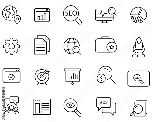 Digital marketing set of web icons. Digital marketing,  investigate, management, data analysis, find and more. Search engine optimization icons. Vector illustration.