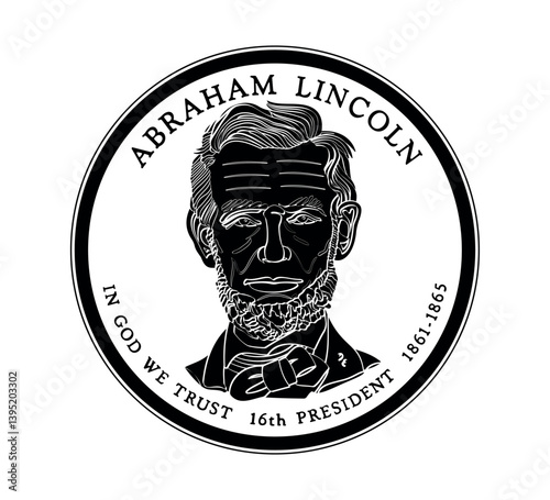 United States one cent or penny, President Abraham Lincoln on obverse. The coin is depicted in black and white. Vector illustration.