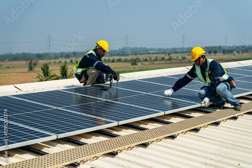 Wallpaper Mural team of professionals installs solar panels, ensuring energy efficiency and sustainable development. The image represents green energy, eco-conscious solutions, and future solar power technology. Torontodigital.ca