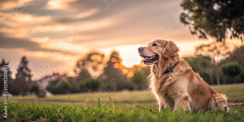 Golden retriever, sunset in park, lush green grass, soft warm light, bokeh effect, trees in background, serene atmosphere, profile view of dog, shallow depth of field, blurred background, golden hour,