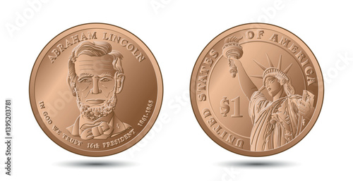 United States one cent or penny, President Abraham Lincoln on obverse and Statue of Liberty on reverse. American money. Vector illustration.